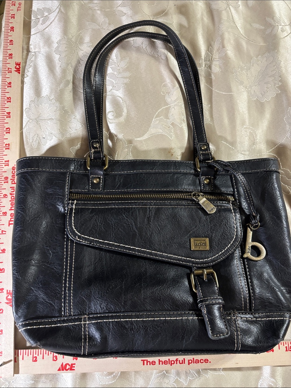 boc Black Leather Shoulder Tote with Front Zip Pocket